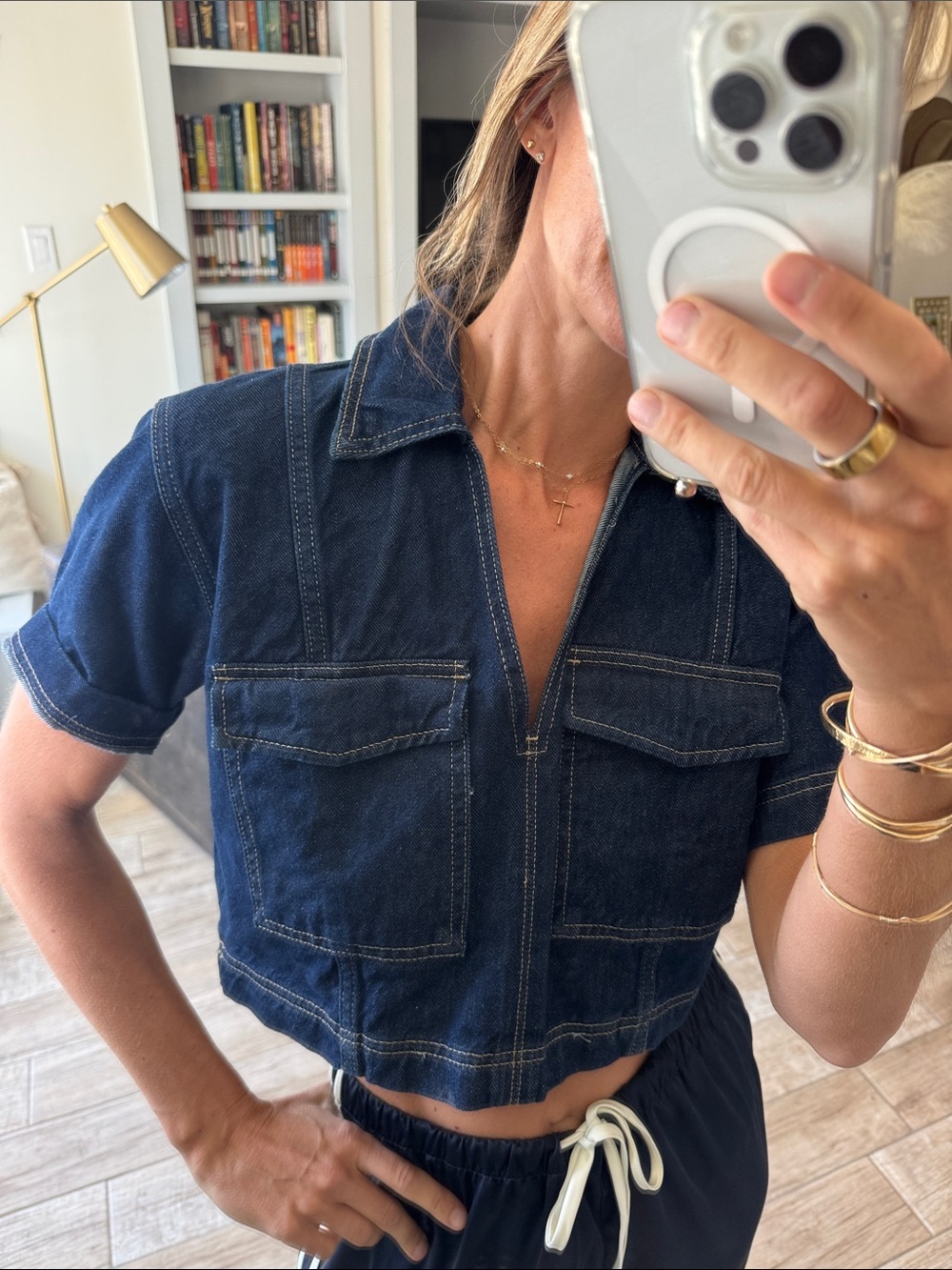 Zara Navy Denim Short-Sleeve Zip Crop Top